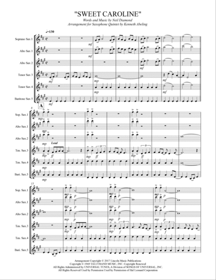 Sweet Caroline Saxophone Quintet scores gallery preview page 2