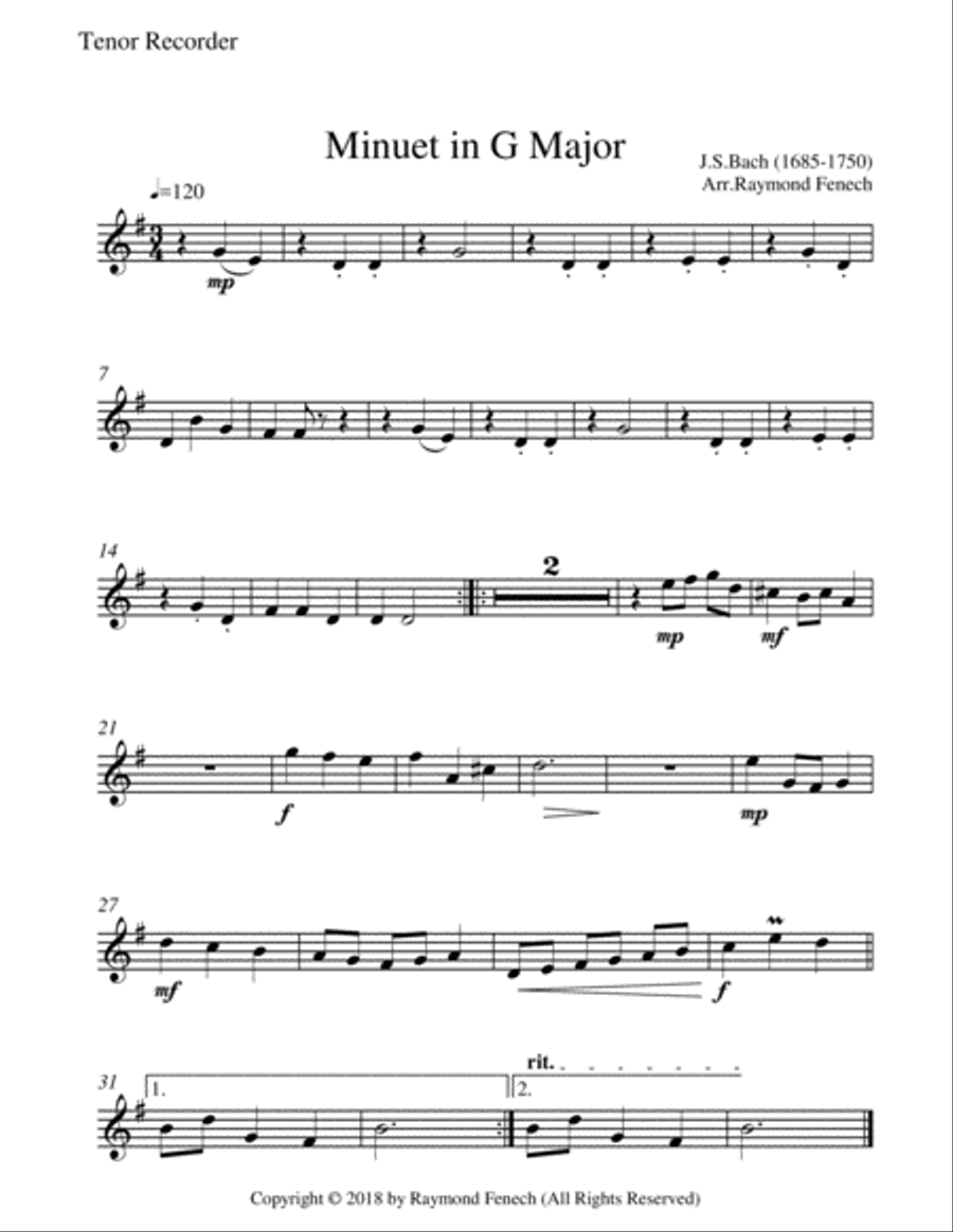 Minuet in G Major - J.S.Bach - Recorder Choir Quartet Recorder scores gallery preview page 4