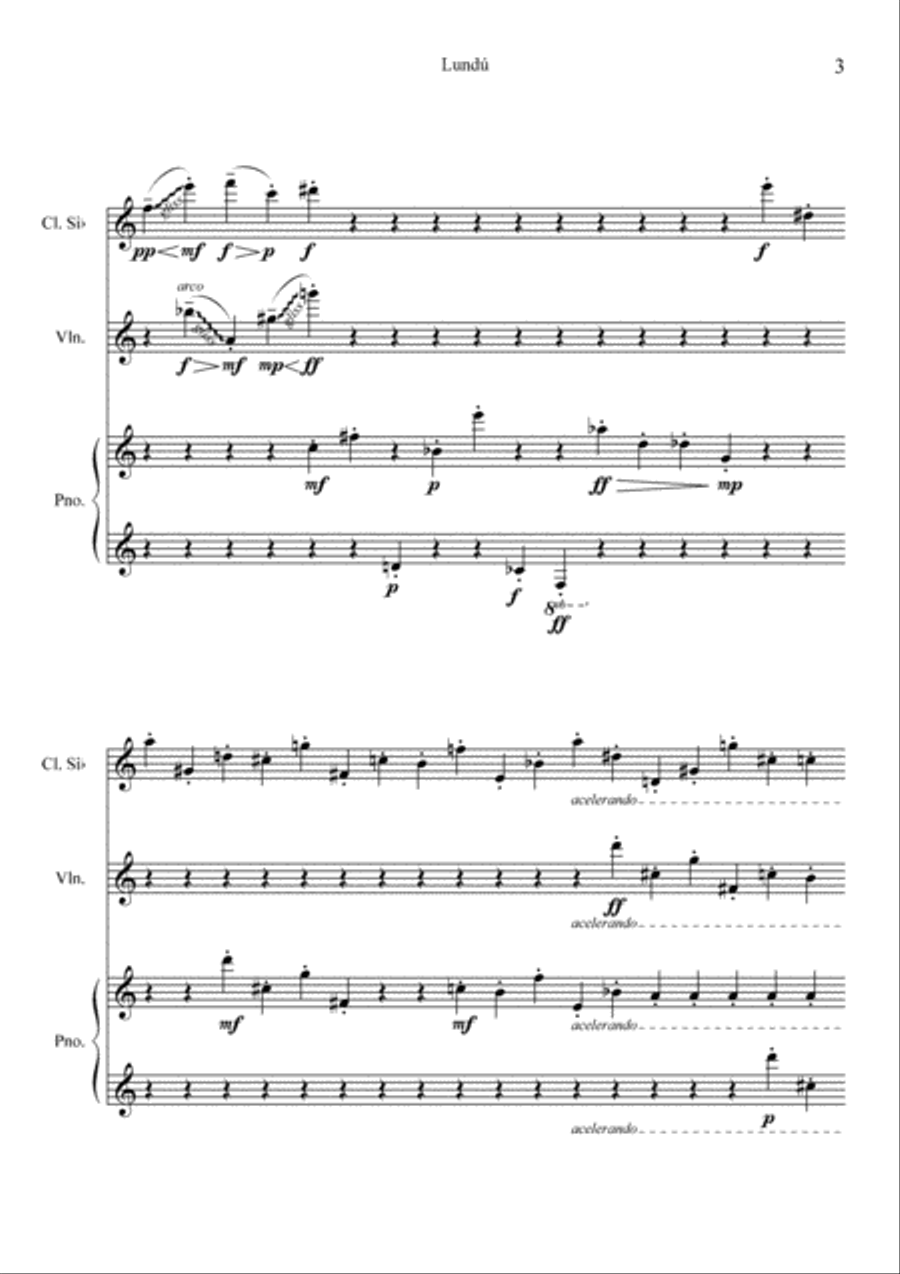 Lundú, for Clarinet, Violin and Piano Small Ensemble scores gallery preview page 3