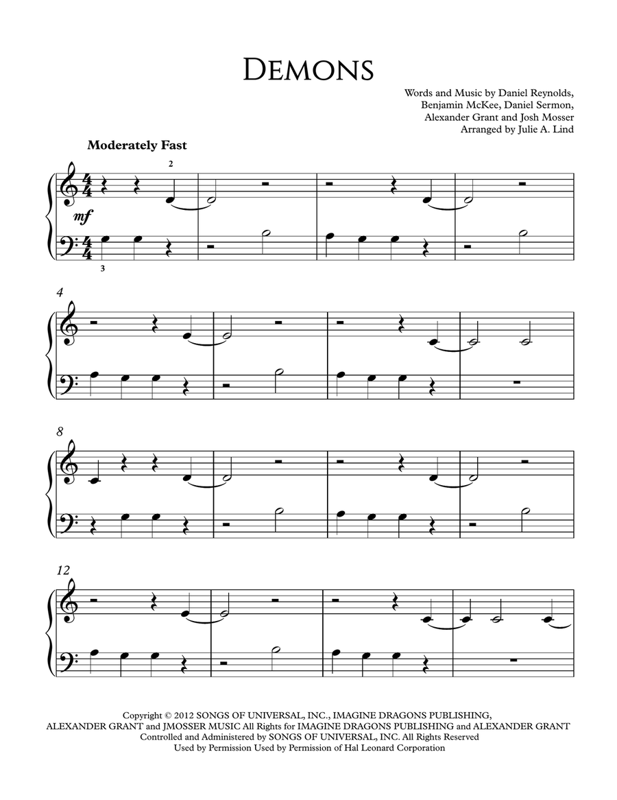 Demons Easy Piano scores gallery preview page 1