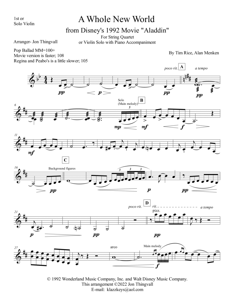 A Whole New World Violin Solo scores gallery preview page 1