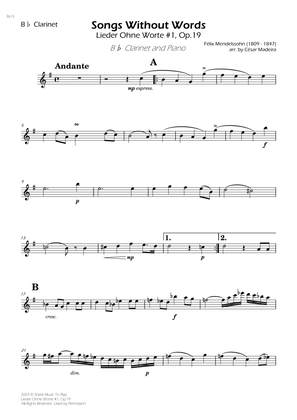 Songs Without Words No.1, Op.19 - Bb Clarinet and Piano (Individual Parts)