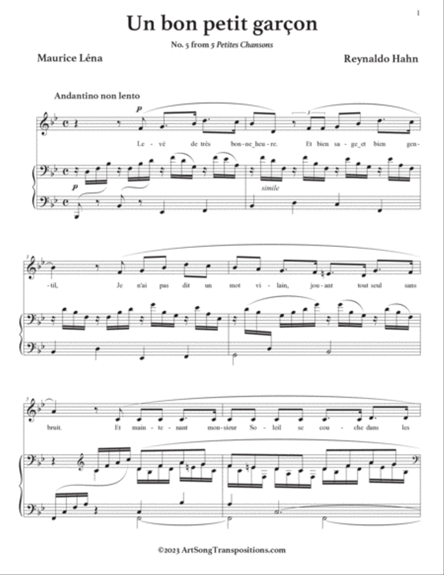 HAHN: Un bon petit garçon (transposed to B-flat major) Voice scores gallery preview page 2