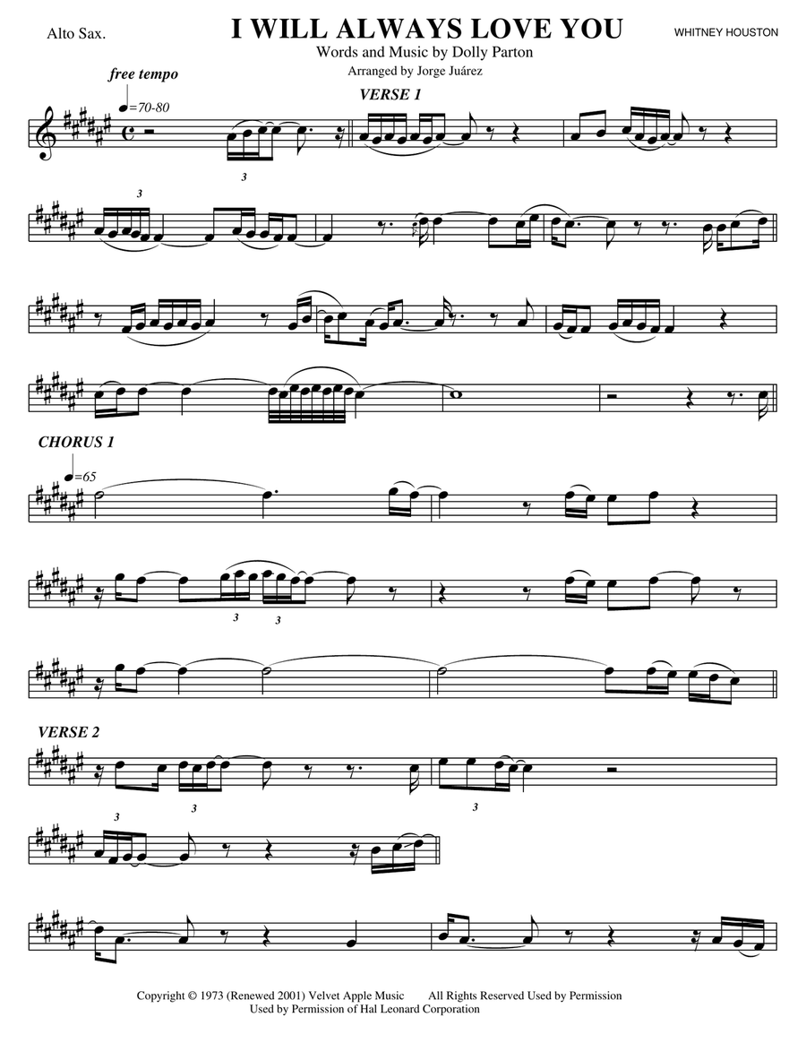 I Will Always Love You Alto Saxophone scores gallery preview page 1