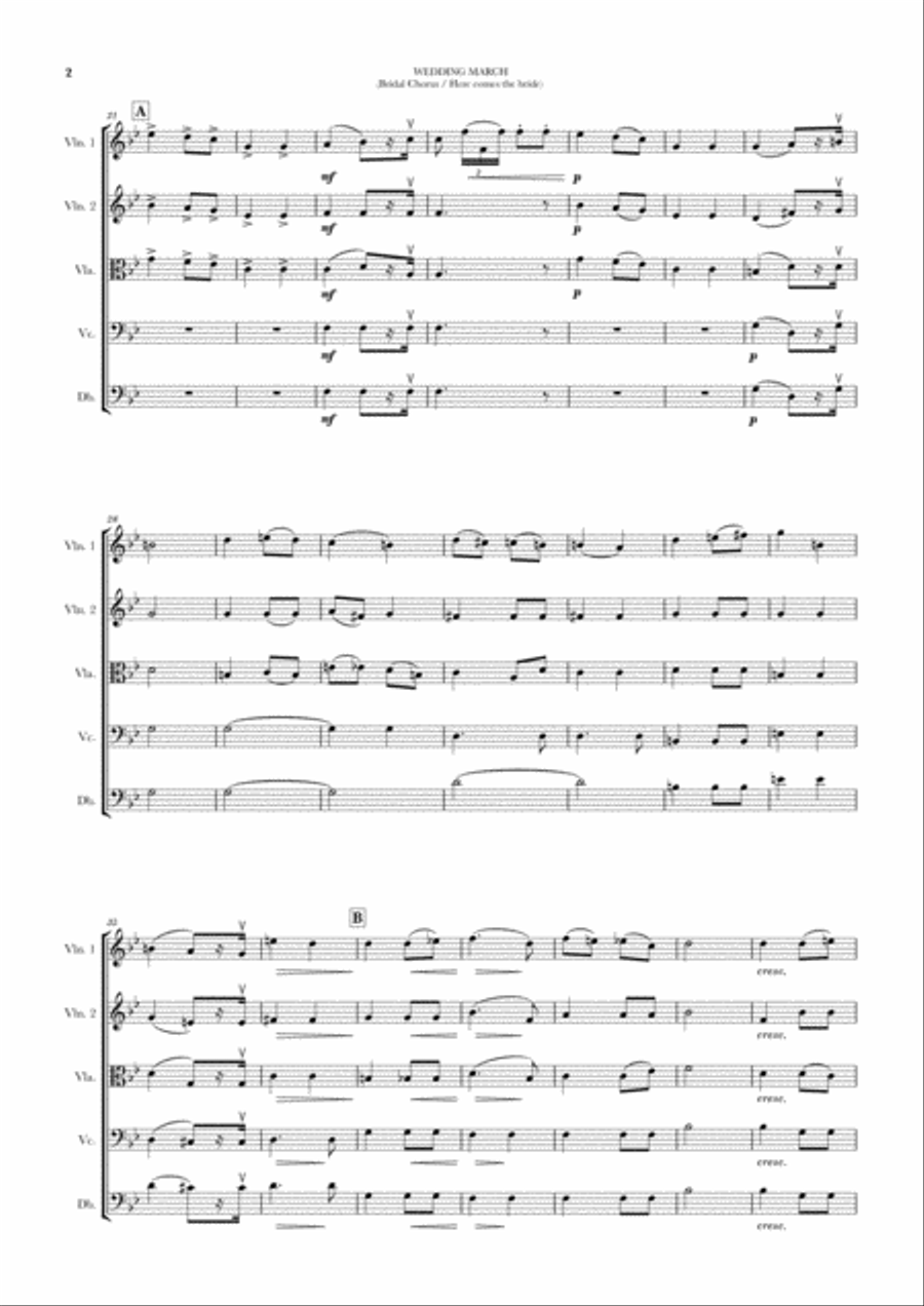 Wedding March (Bridal Chorus - Here comes the Bride) for String Quintet (2 Violins, Viola, Cello and String Quartet scores gallery preview page 2