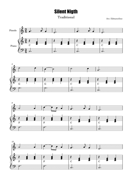 Piccolo and Piano Version 2 Sheet Music for Christmas Song "Silent Nigth" to Beginners ( with Chord image number null