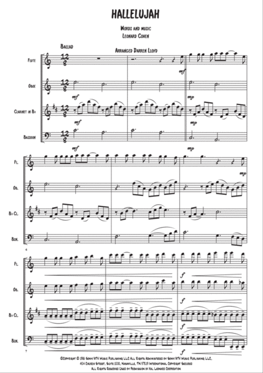 Hallelujah Woodwind Quartet scores gallery preview page 1