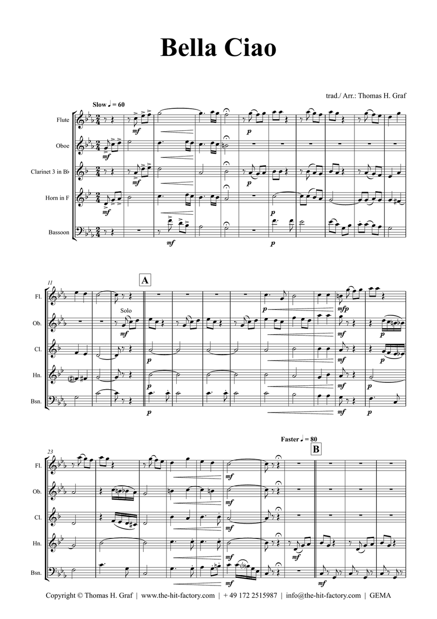 Bella Ciao - Italian Classic - Wind Quintet Woodwind Quintet scores gallery preview page 1