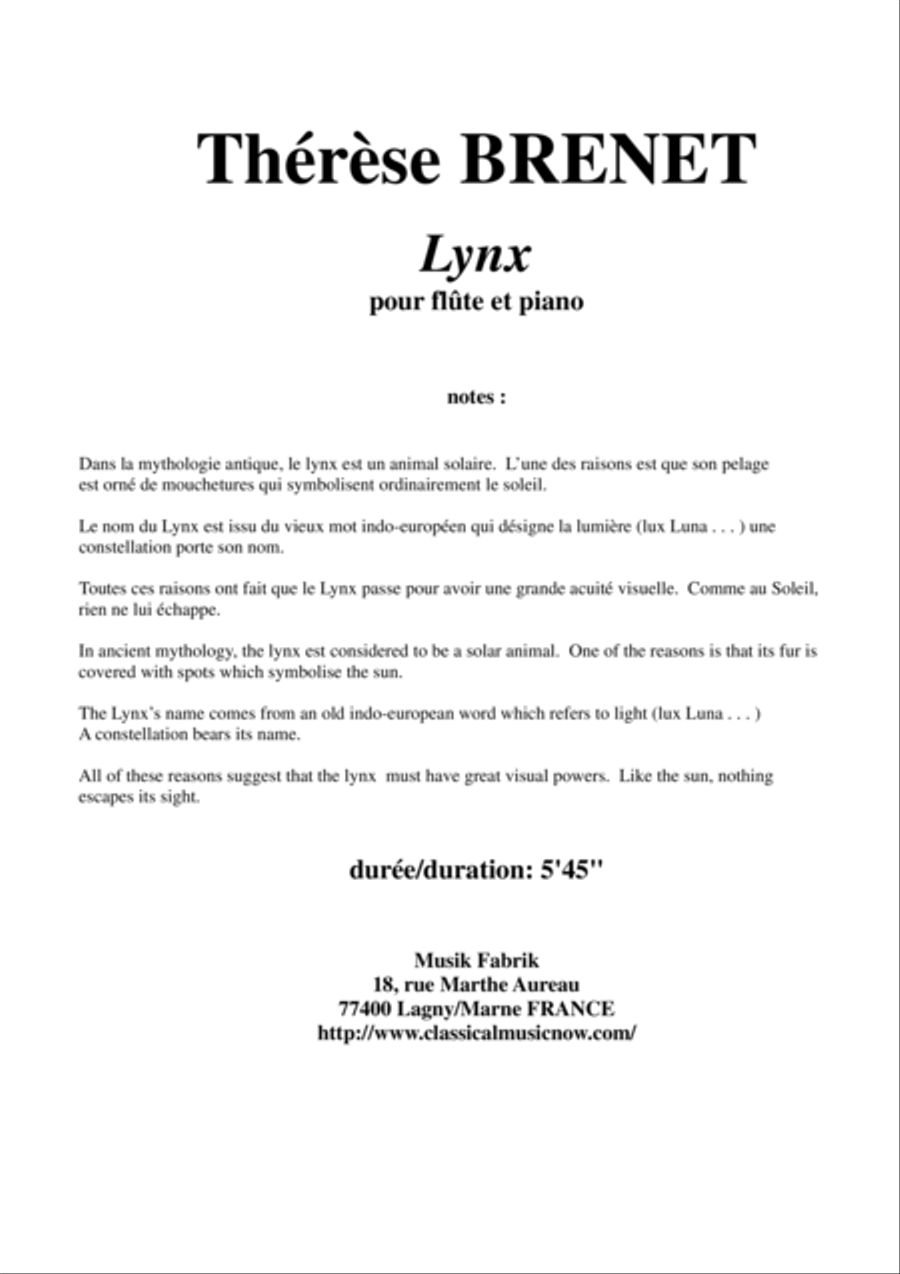 Therese Brenet : Lynx for flute and piano Flute Solo scores gallery preview page 1