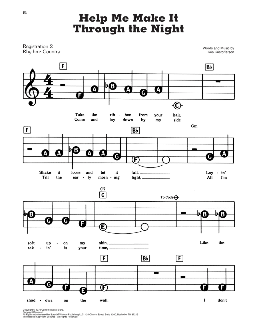 Help Me Make It Through The Night Electronic Keyboard scores gallery preview page 1