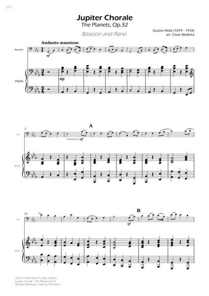 Jupiter Chorale from The Planets - Bassoon and Piano (Full Score and Parts) image number null