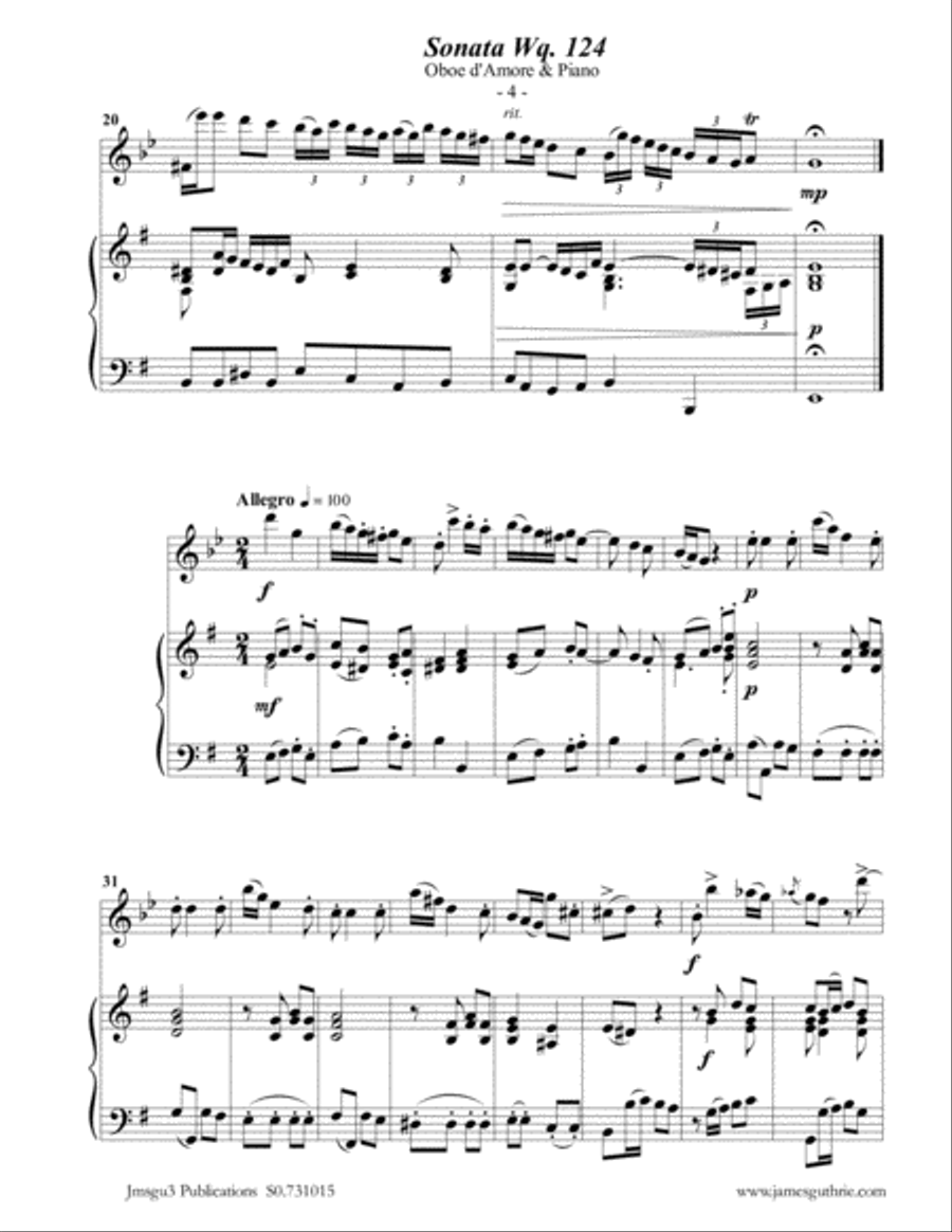 CPE BACH: Sonata in E Minor WQ 124 for Oboe d'Amore & Piano Oboe scores gallery preview page 4