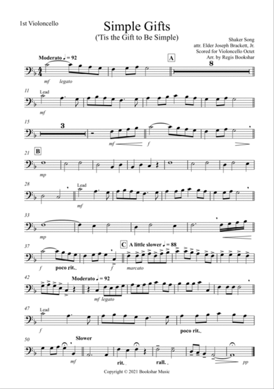 Simple Gifts ('Tis the Gift to Be Simple) (F) (Violoncello Octet) Cello scores gallery preview page 6