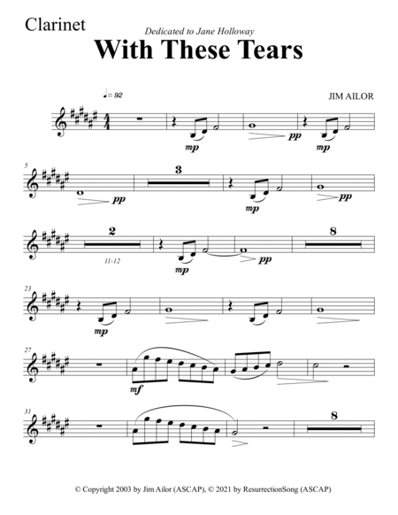 With These Tears - Instrumental Parts (Available: SATB, SAB, W.W. Percussion, Harp, Strings) image number null