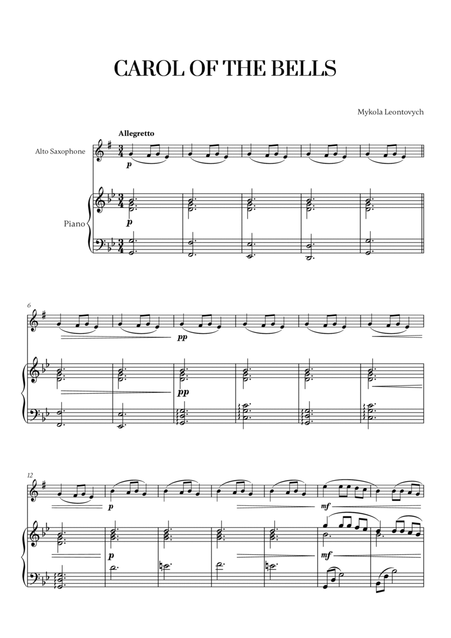 Carol of the Bells Very Easy Beginner for Alto Sax and Piano Alto Saxophone Digital Sheet Music Sheet Music Plus