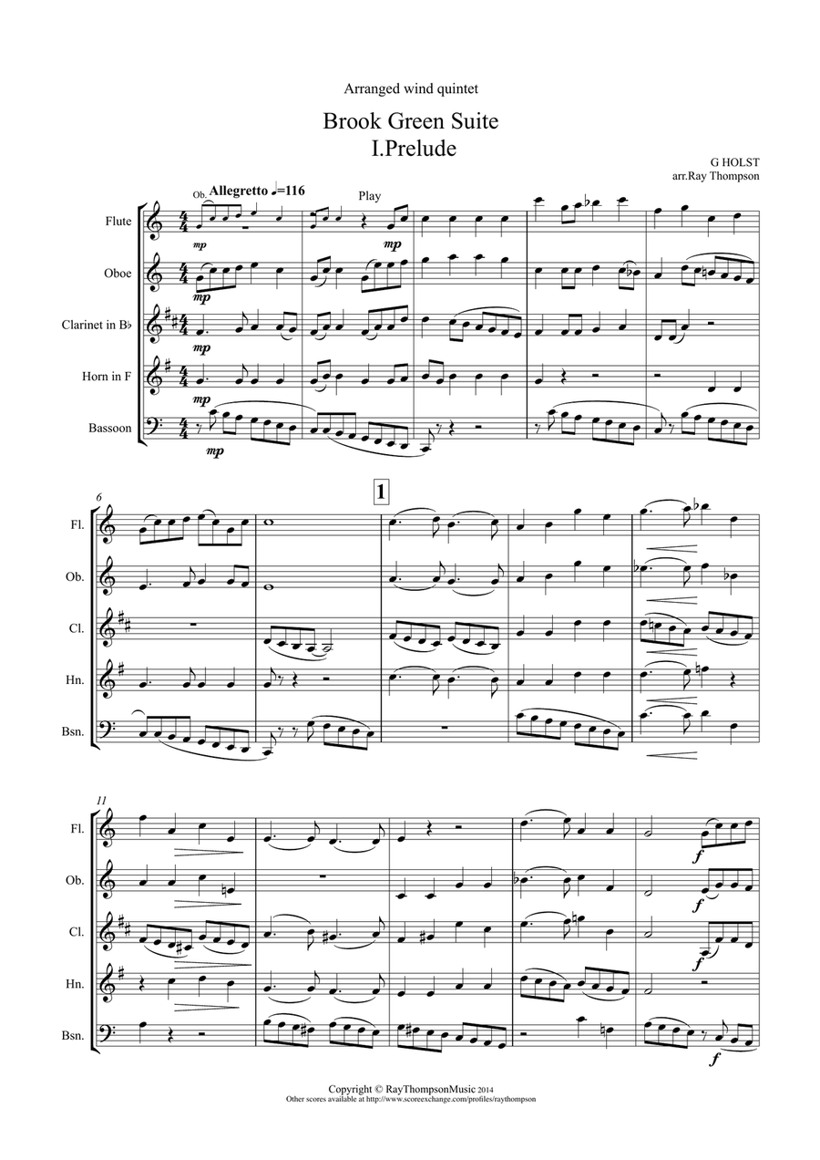 Holst: Brook Green Suite (Complete): 3 mvts. I. Prelude II. Air III. Dance - wind quintet Woodwind Quintet scores gallery preview page 1