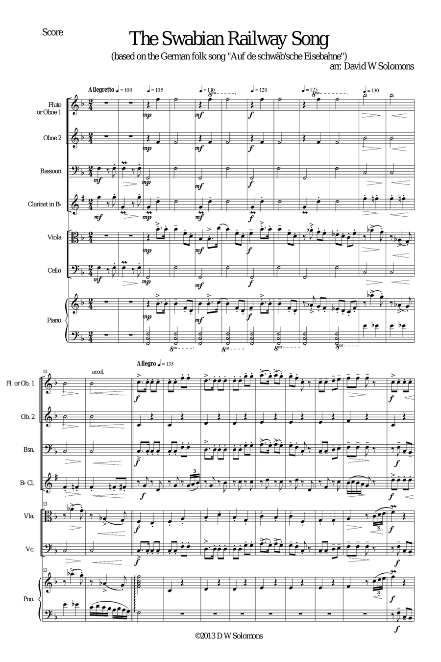 Railway Song (Auf de schwäb'sche Eisebahne) flute, oboe, clarinet, bassoon, viola, cello, piano Large Ensemble scores gallery preview page 1