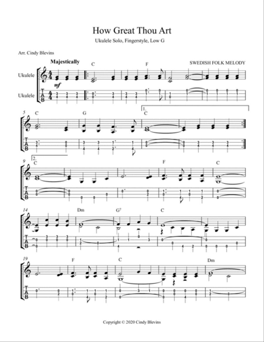 How Great Thou Art, Ukulele Solo, Fingerstyle, Low G Ukulele scores gallery preview page 2