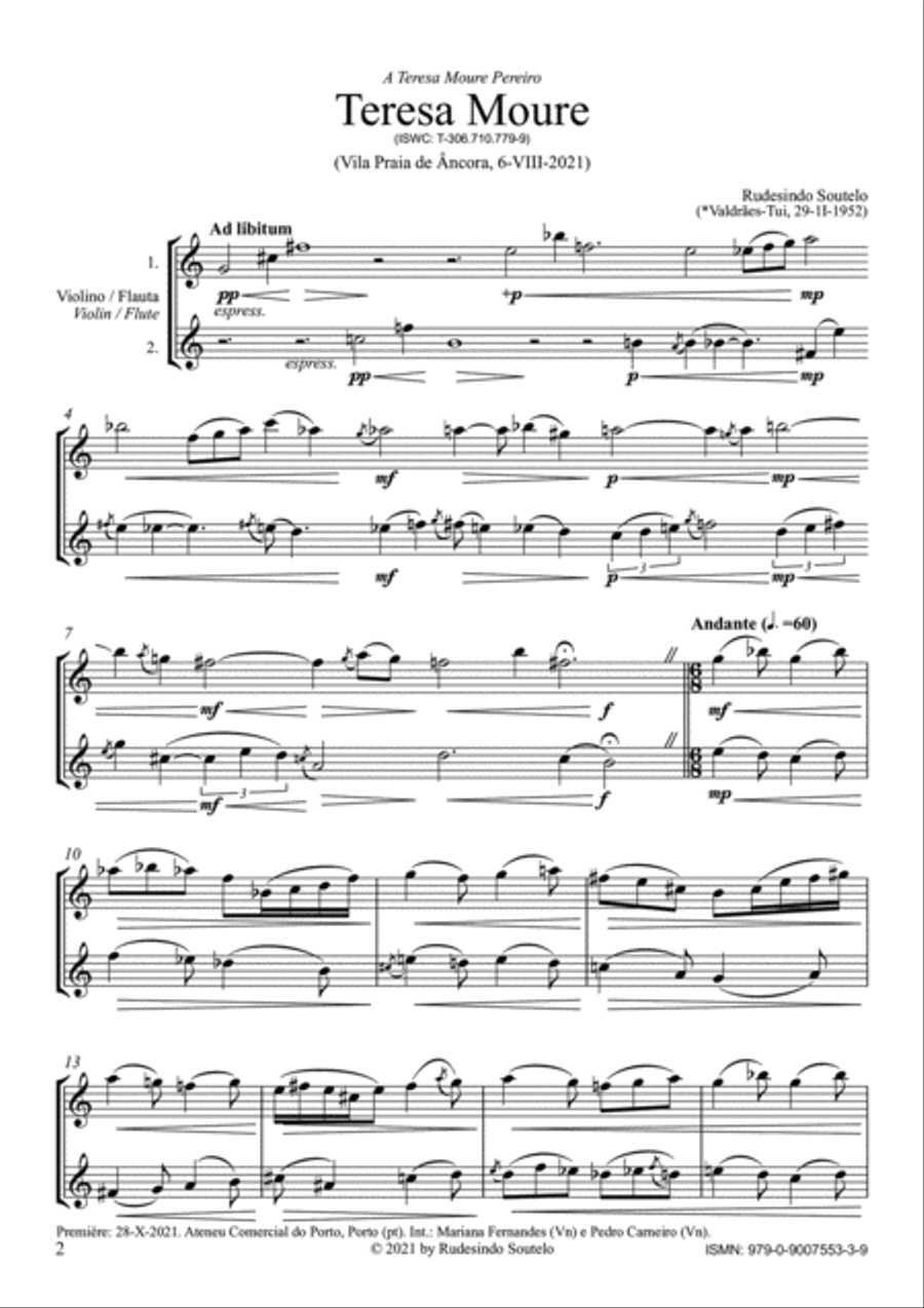 Teresa Moure (Flute and/or Violin Duo) Woodwind Ensemble scores gallery preview page 2