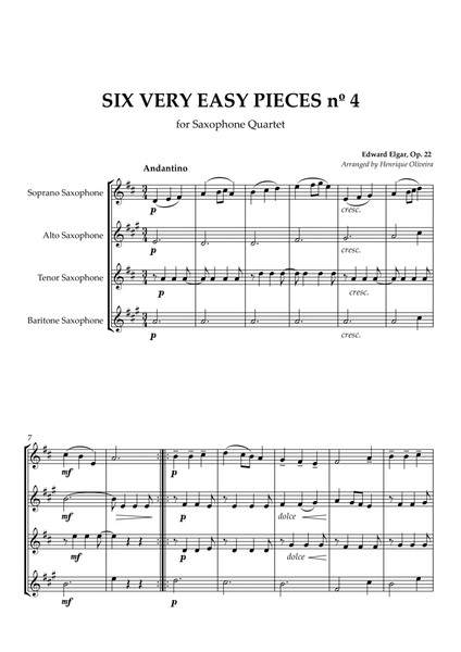 Six Very Easy Pieces nº 4 (Andantino) - For Saxophone Quartet image number null