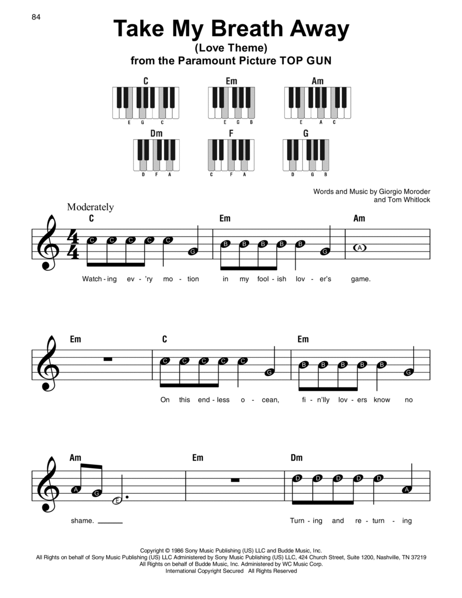 Take My Breath Away (Love Theme) Easy Piano scores gallery preview page 1
