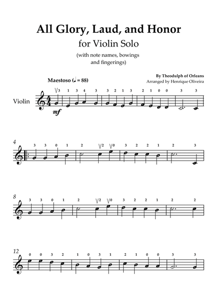 All Glory, Laud, and Honor (for Violin Solo) - With note names, bowings and fingerings