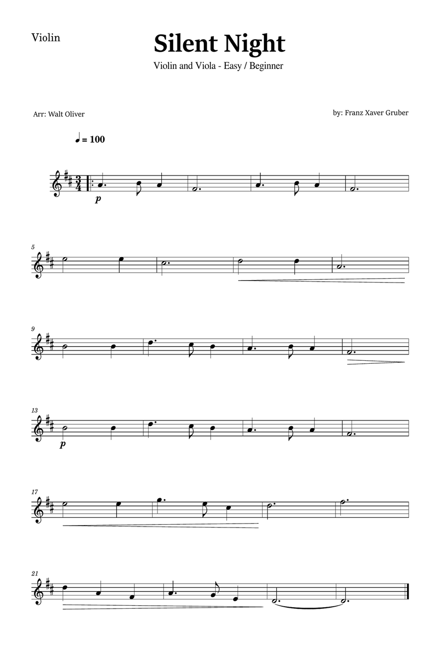 Silent Night for Violin and Viola (Easy - Beginner) - in D major - with chords String Duet scores gallery preview page 2