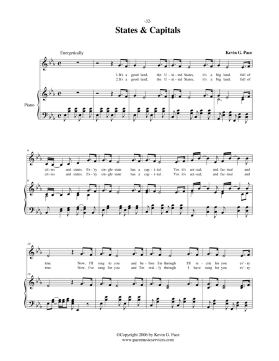 States & Capitals - vocal solo or unison choir with piano accompaniment Unison Choir scores gallery preview page 2