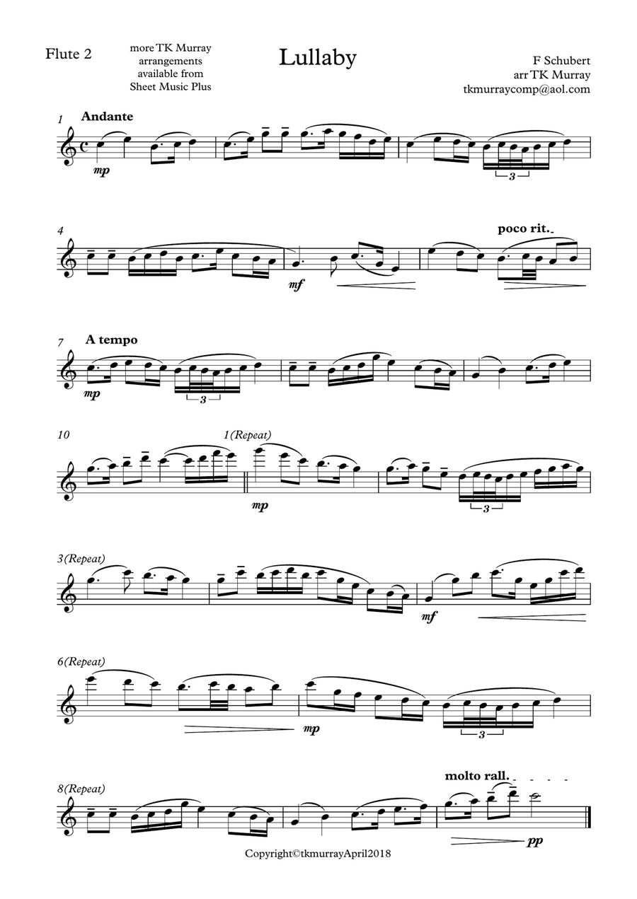 Schubert - Lullaby - 2nd. Flute Part - Suzuki Bk.1 Flute Solo scores gallery preview page 1