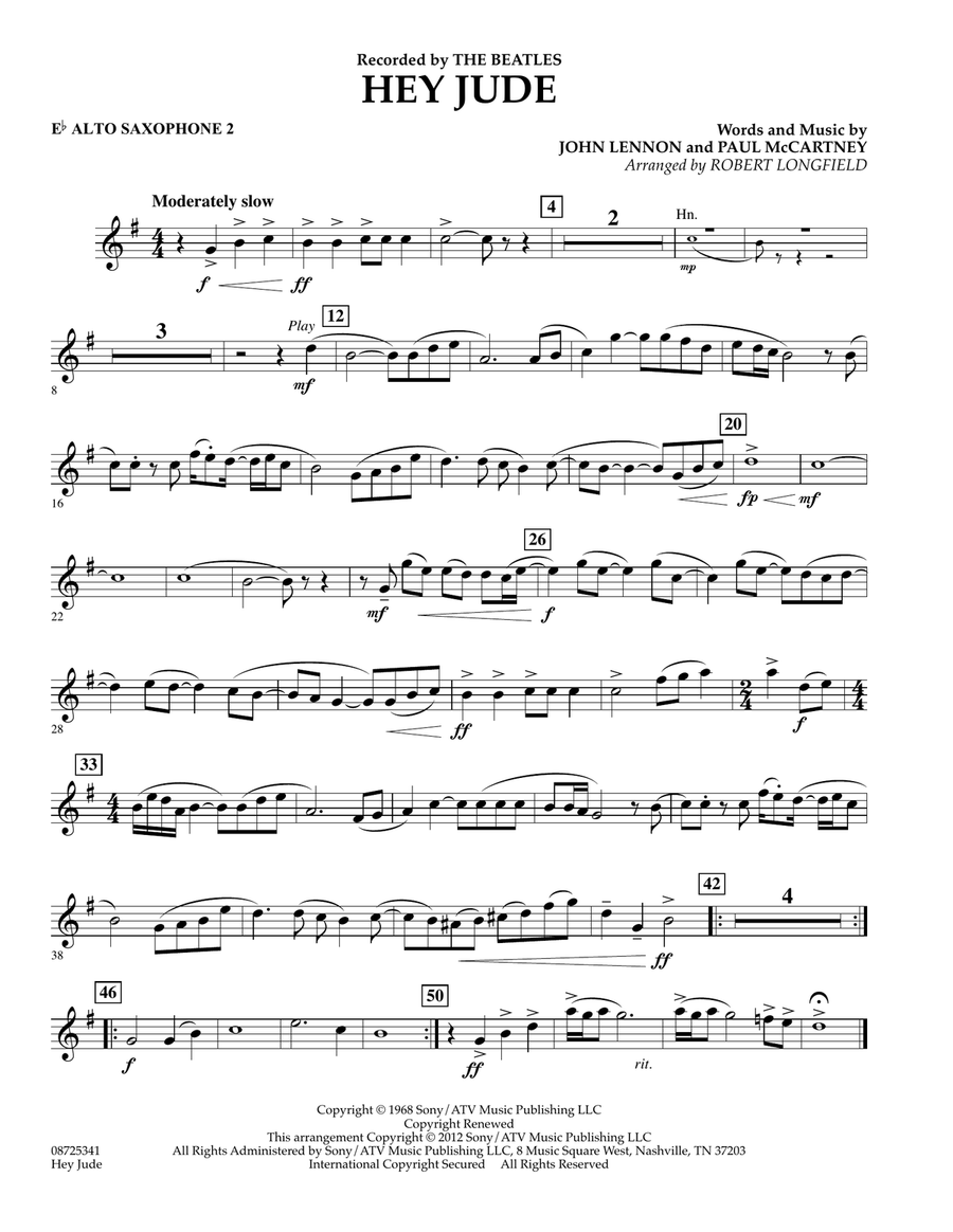 Hey Jude Eb Alto Saxophone 2 by Robert Longfield Concert Band