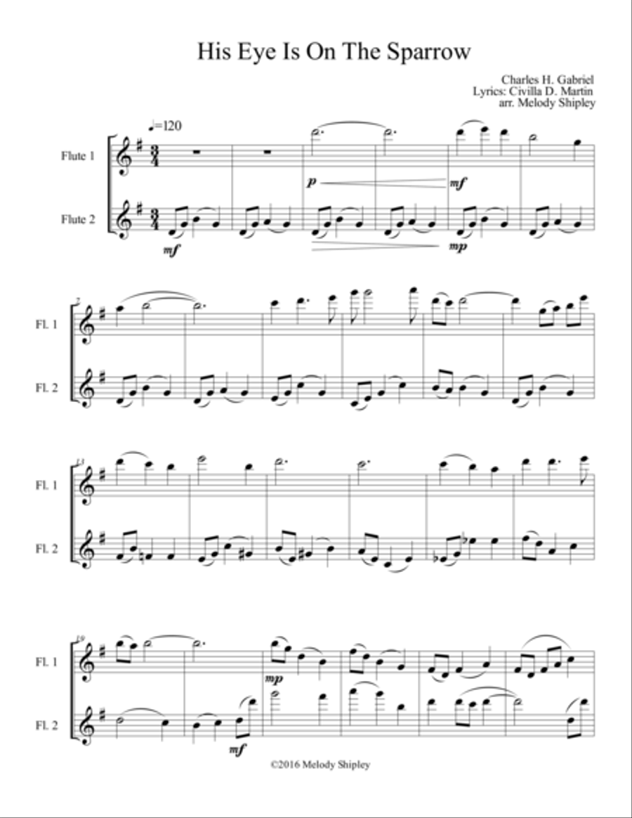 His Eye Is On The Sparrow Flute Duet scores gallery preview page 1