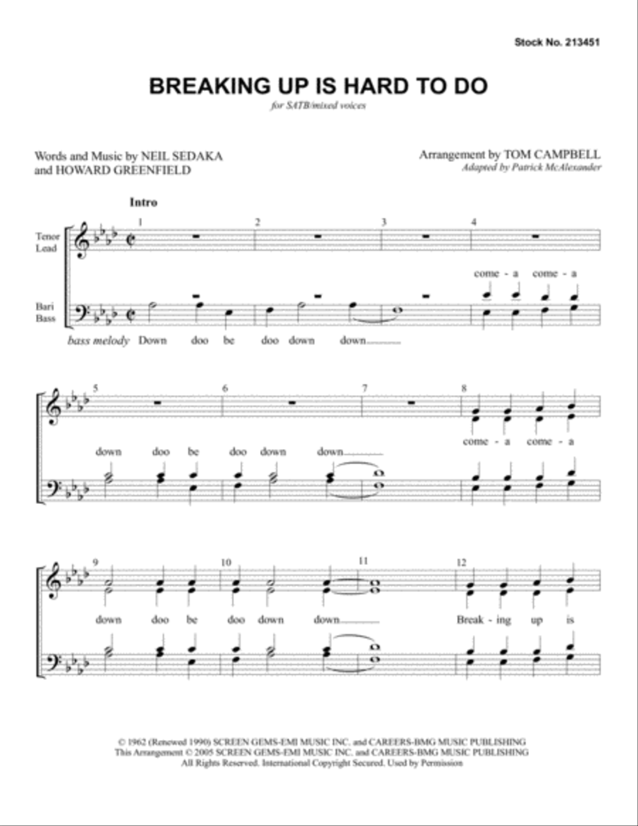 Breaking Up Is Hard To Do (arr. Tom Campbell) 4-Part scores gallery preview page 1