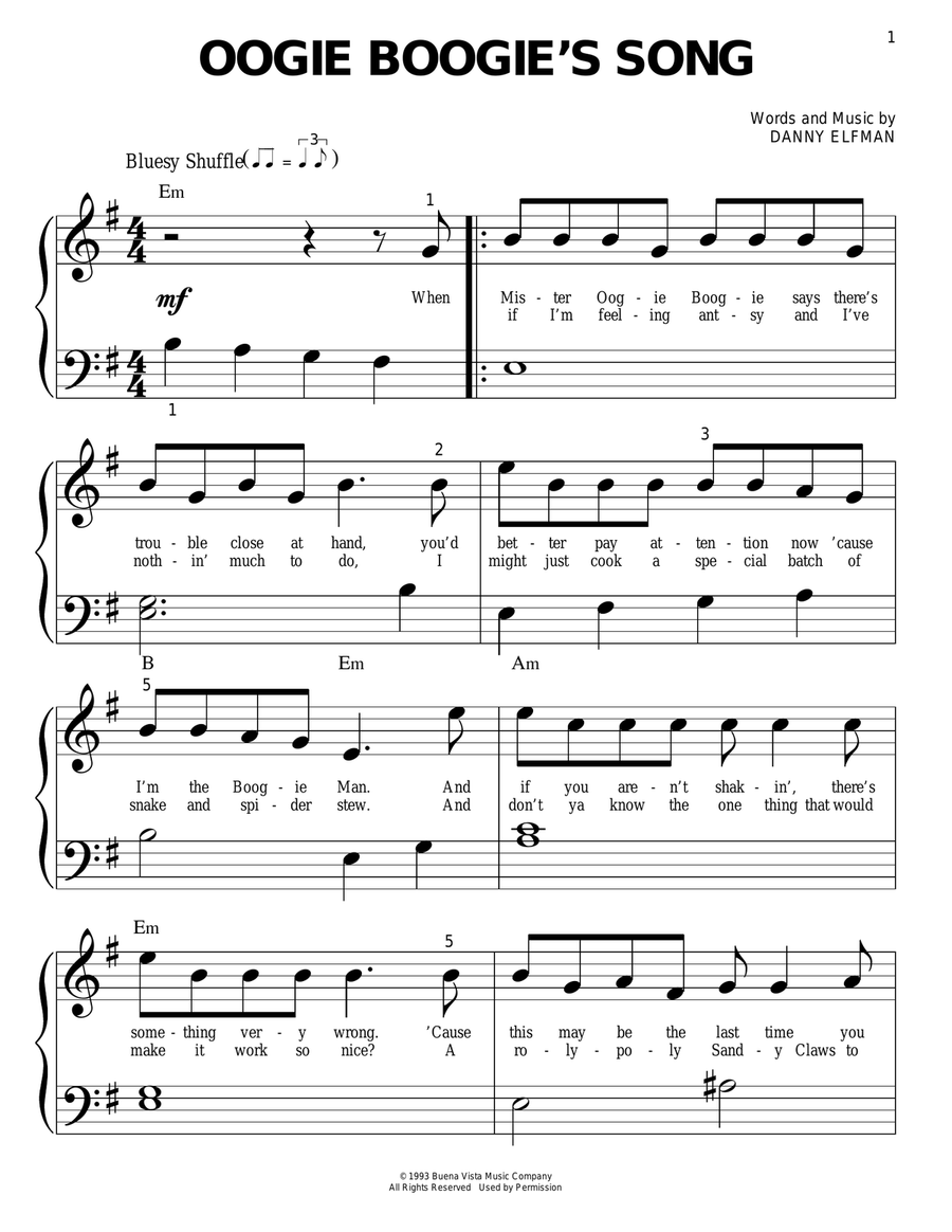Oogie Boogie's Song (from The Nightmare Before Christmas) Easy Piano scores gallery preview page 1