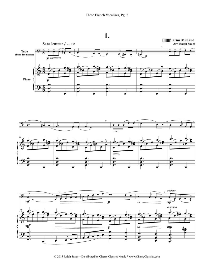 Three French Vocalises for Tuba or Bass Trombone & Piano Bass Trombone scores gallery preview page 2