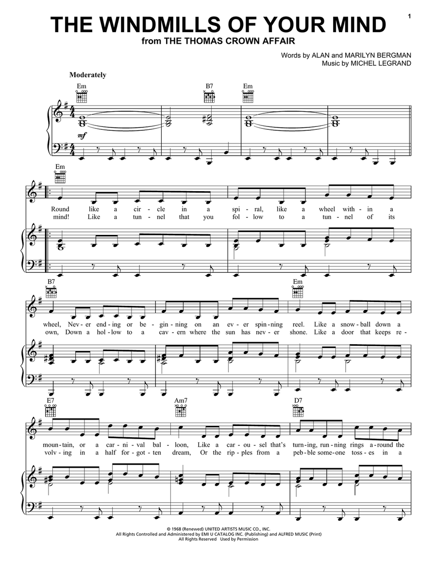 The Windmills Of Your Mind Piano, Vocal, Guitar scores gallery preview page 1