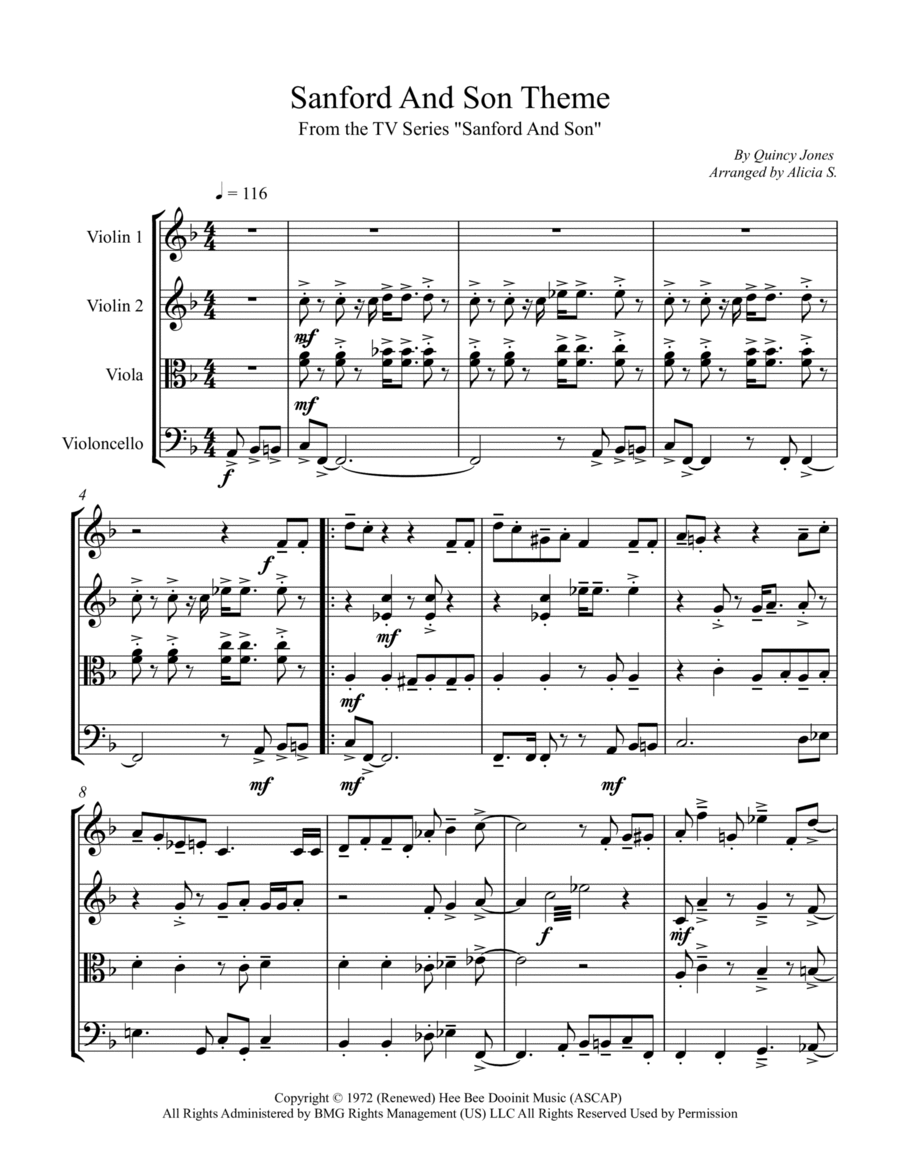Sanford And Son Theme by Quincy Jones String Quartet - Digital Sheet Music