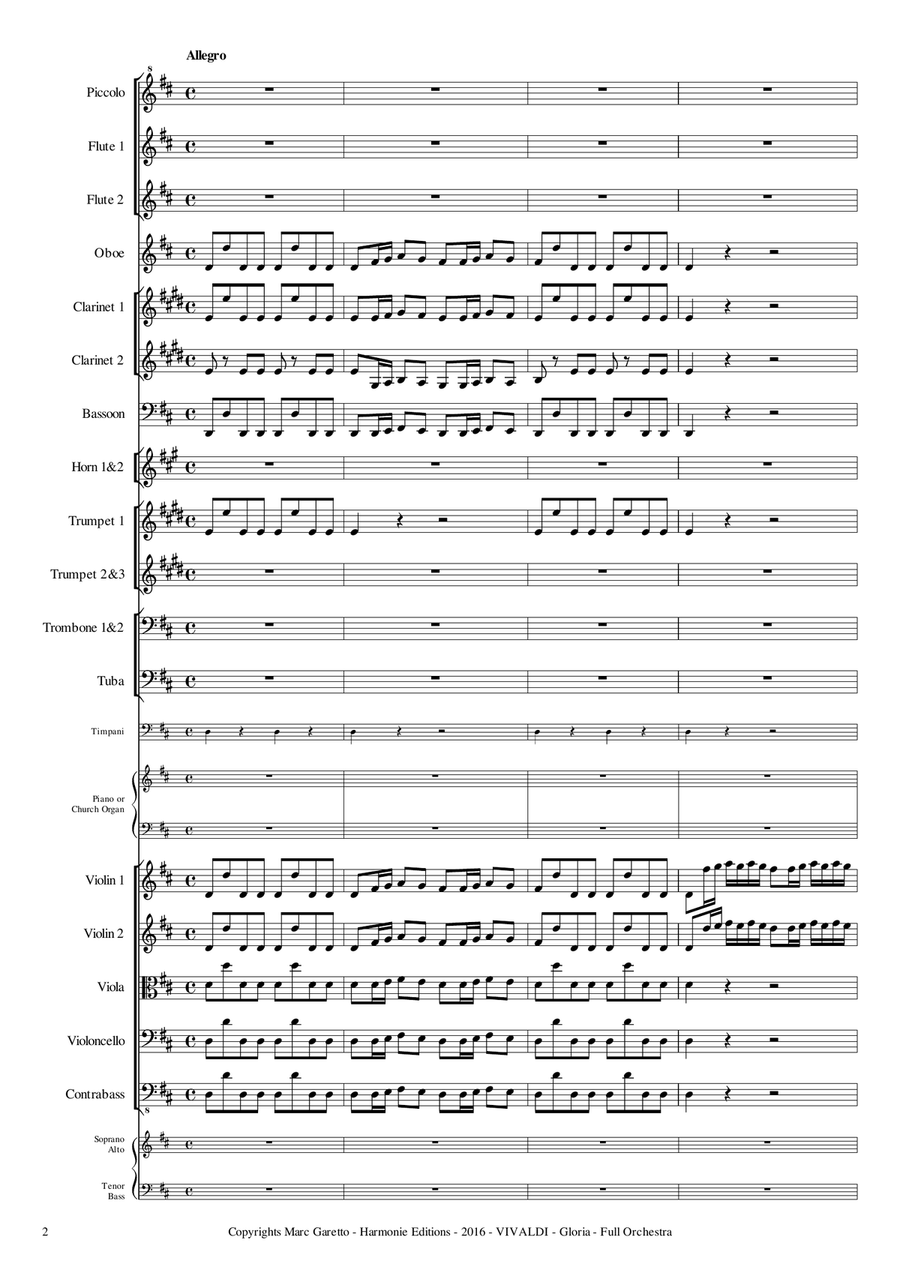 GLORIA RV 589 - Antonio VIVALDI - for Full Orchestra - Arr. Marc Garetto / Optionnal Organ and Choir 4-Part scores gallery preview page 2