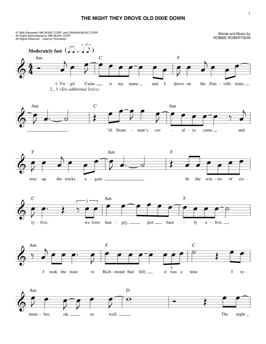 The Night They Drove Old Dixie Down Piano scores gallery preview page 1