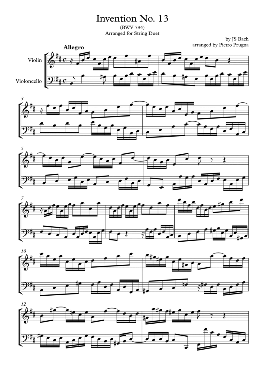 Invention No. 13 (BWV 784) by JS Bach - arranged for String Duet (Violin and Cello) String Duet scores gallery preview page 1