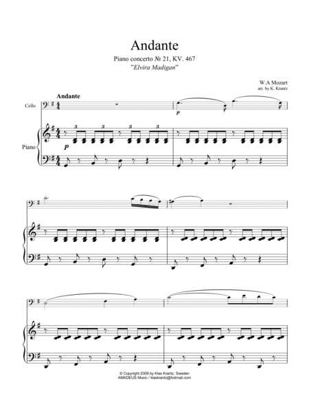 Andante from piano concerto no. 21 (Elvira Madigan) for cello and piano image number null