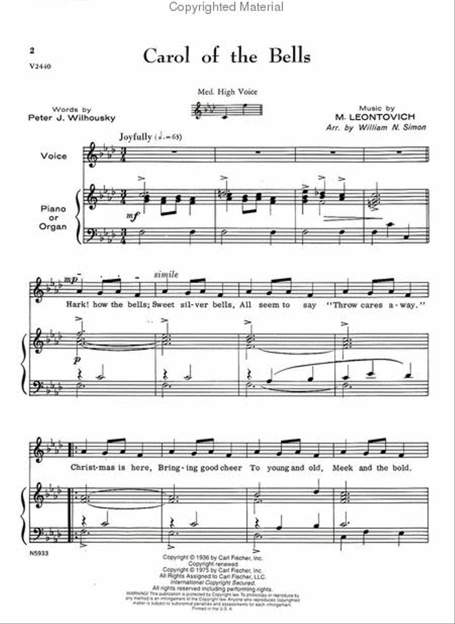 Carol of the Bells Medium Voice scores gallery preview page 2