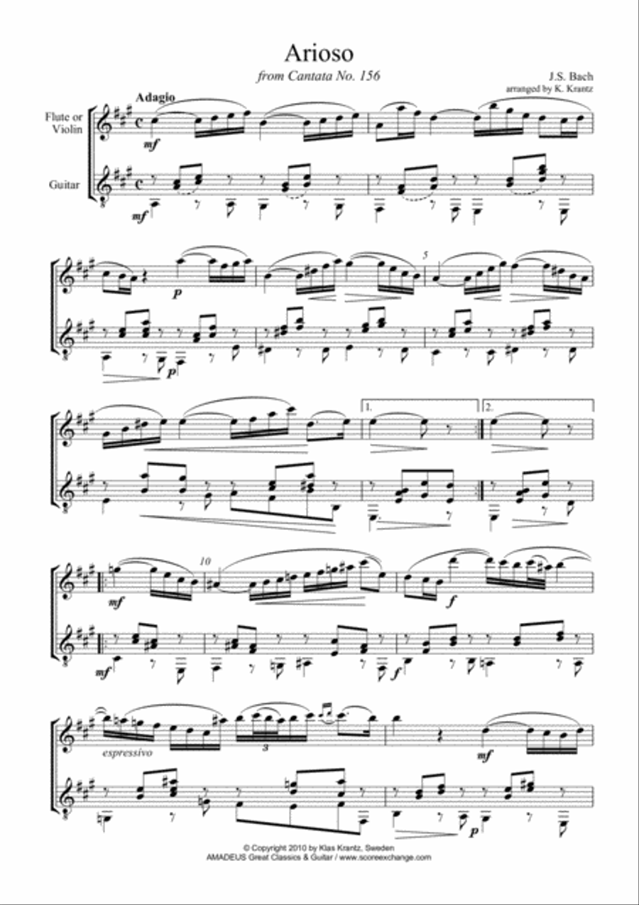 Arioso (Largo) from Cantata 156 (A Major) for violin or flute and guitar Flute scores gallery preview page 2