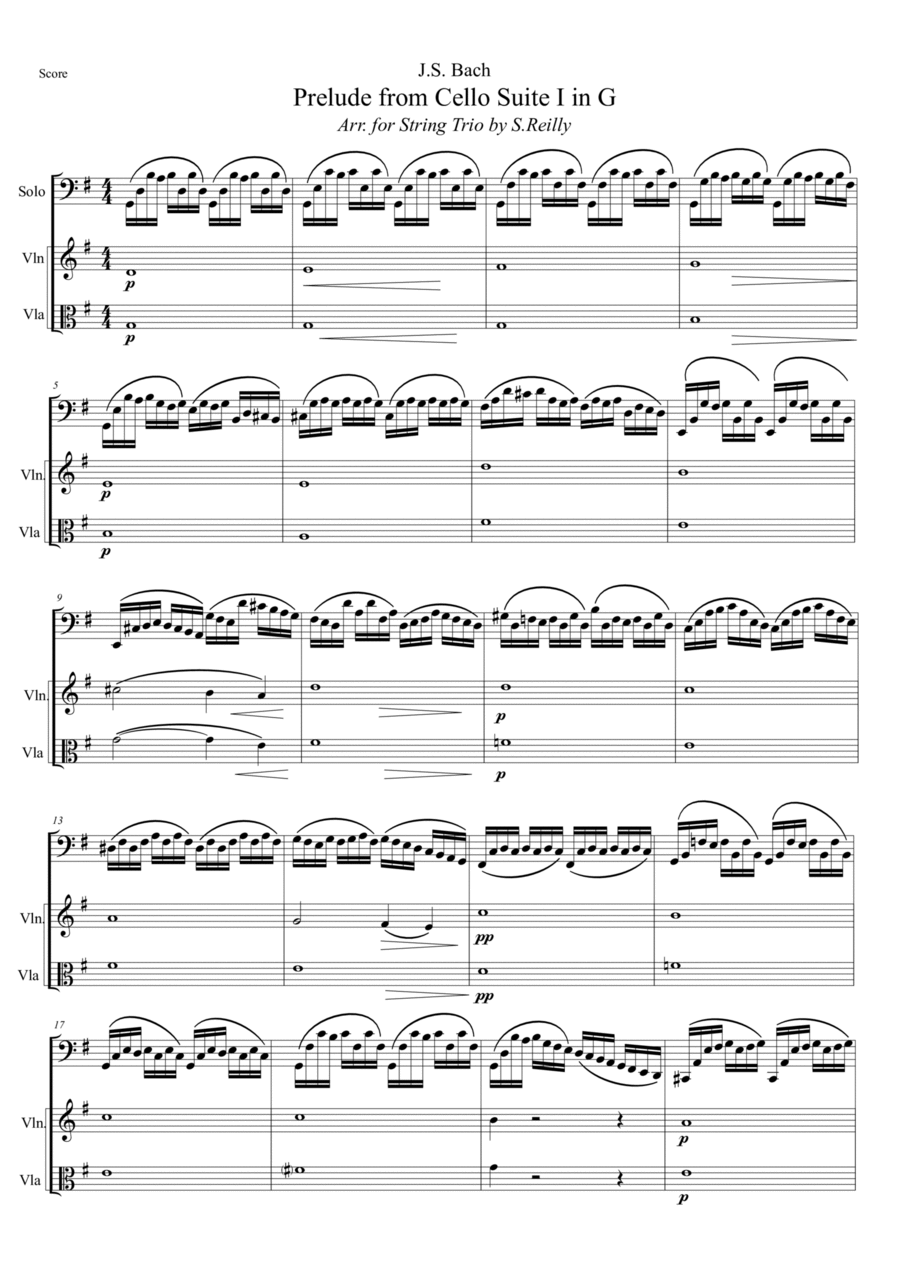 Bach G maj Cello Prelude for String Trio - Melody in Cello String Trio scores gallery preview page 1