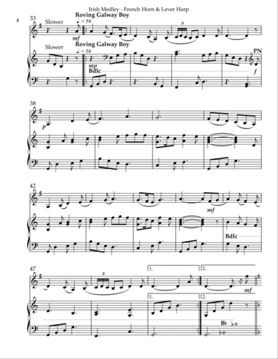 Irish Medley, Duet for French Horn & Lever Harp Horn scores gallery preview page 4