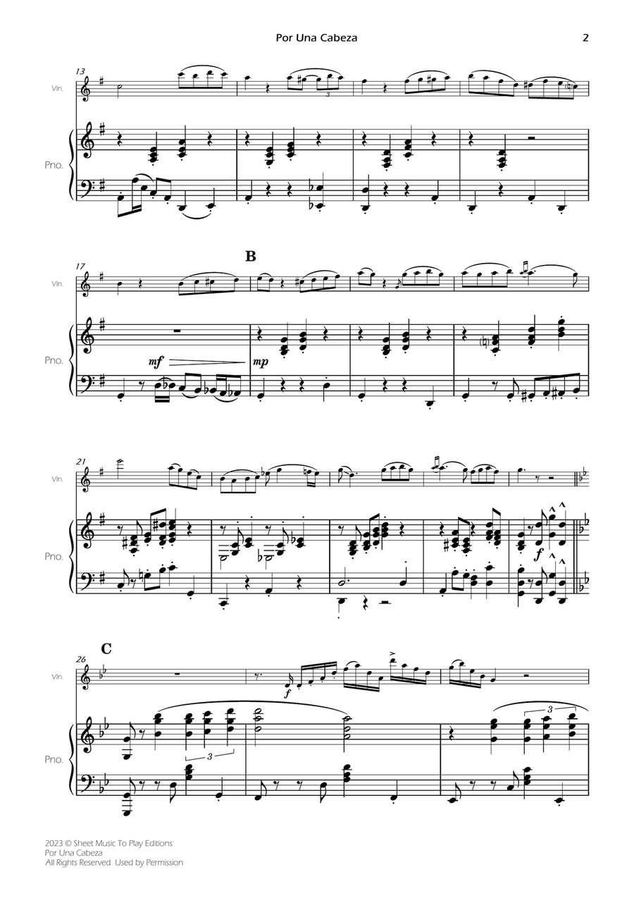 Por Una Cabeza - Violin and Piano - Advanced (Full Score) Violin Solo scores gallery preview page 2