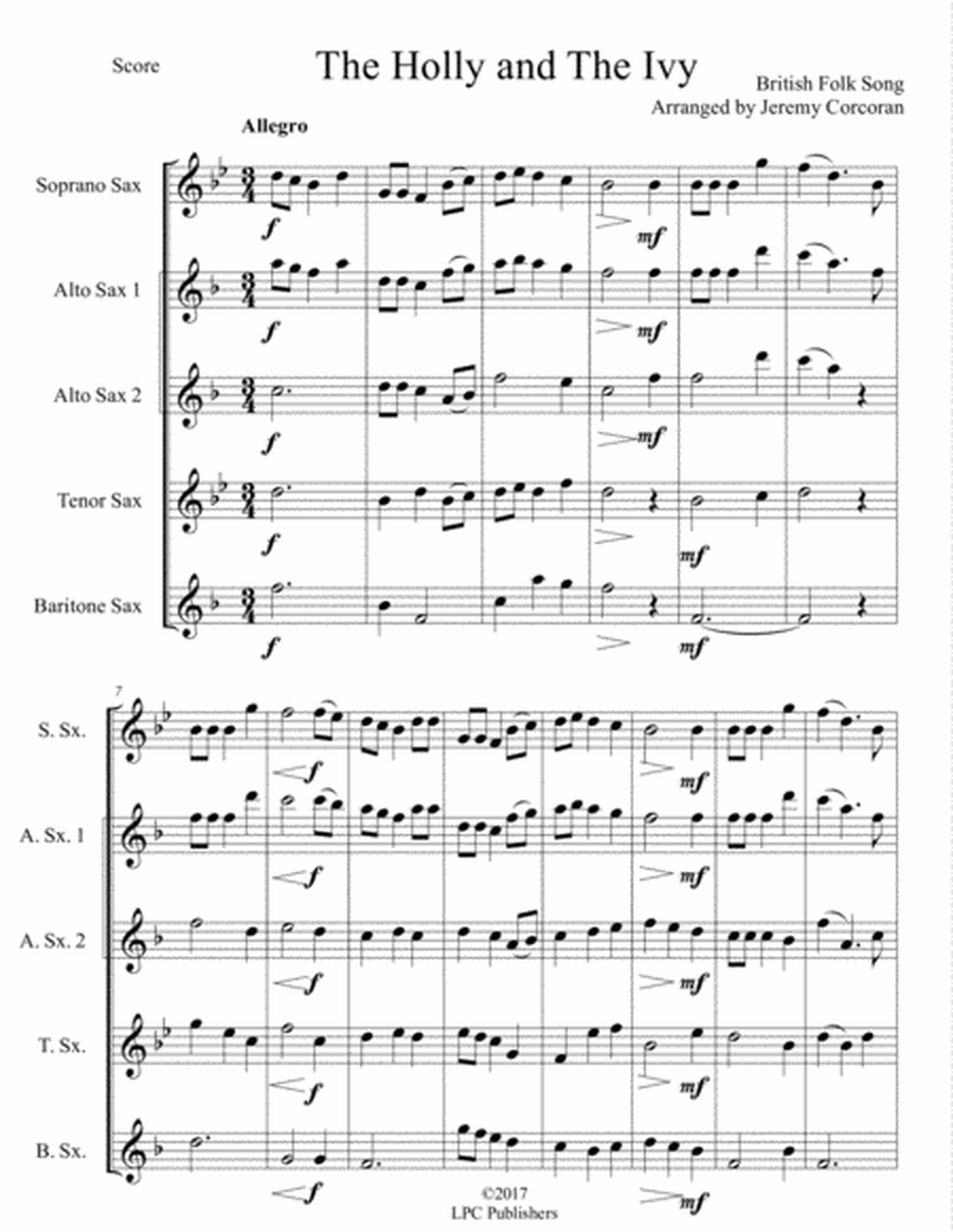 The Holly and The Ivy For Saxophone Quartet (SATB or AATB) image number null