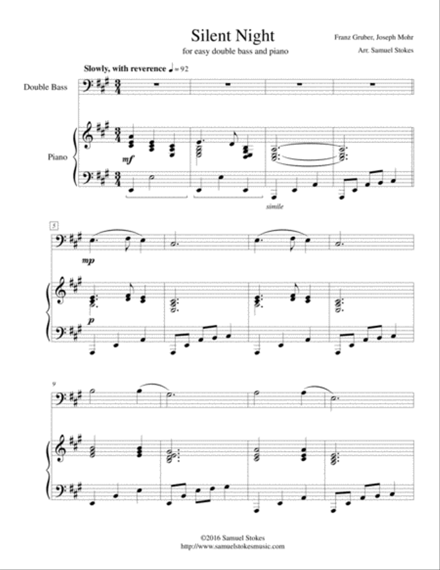 Silent Night - easy string bass (optional piano accompaniment) Double Bass scores gallery preview page 1