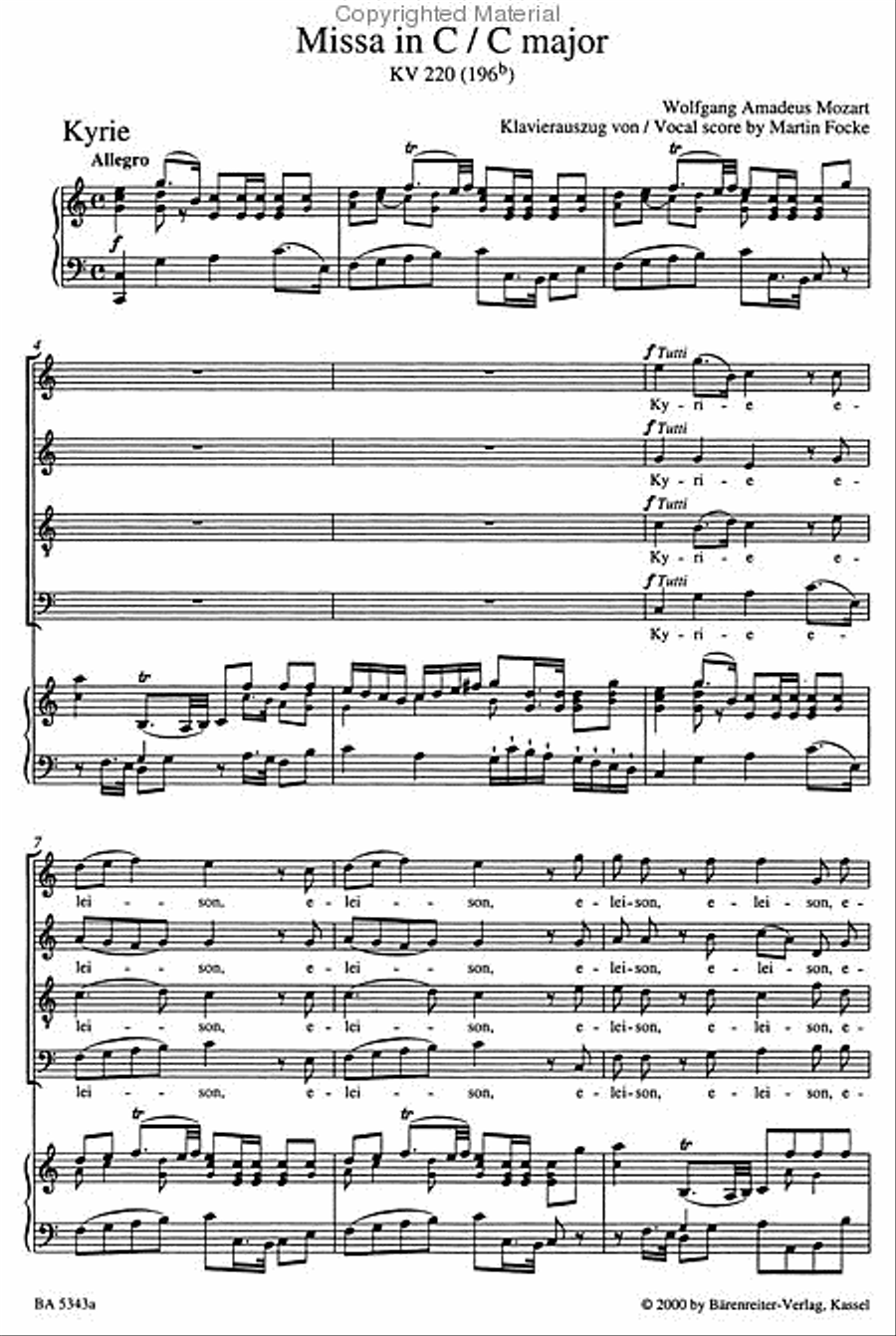 Missa C major, KV 220 (196b) 'Sparrow Mass' 4-Part scores gallery preview page 3