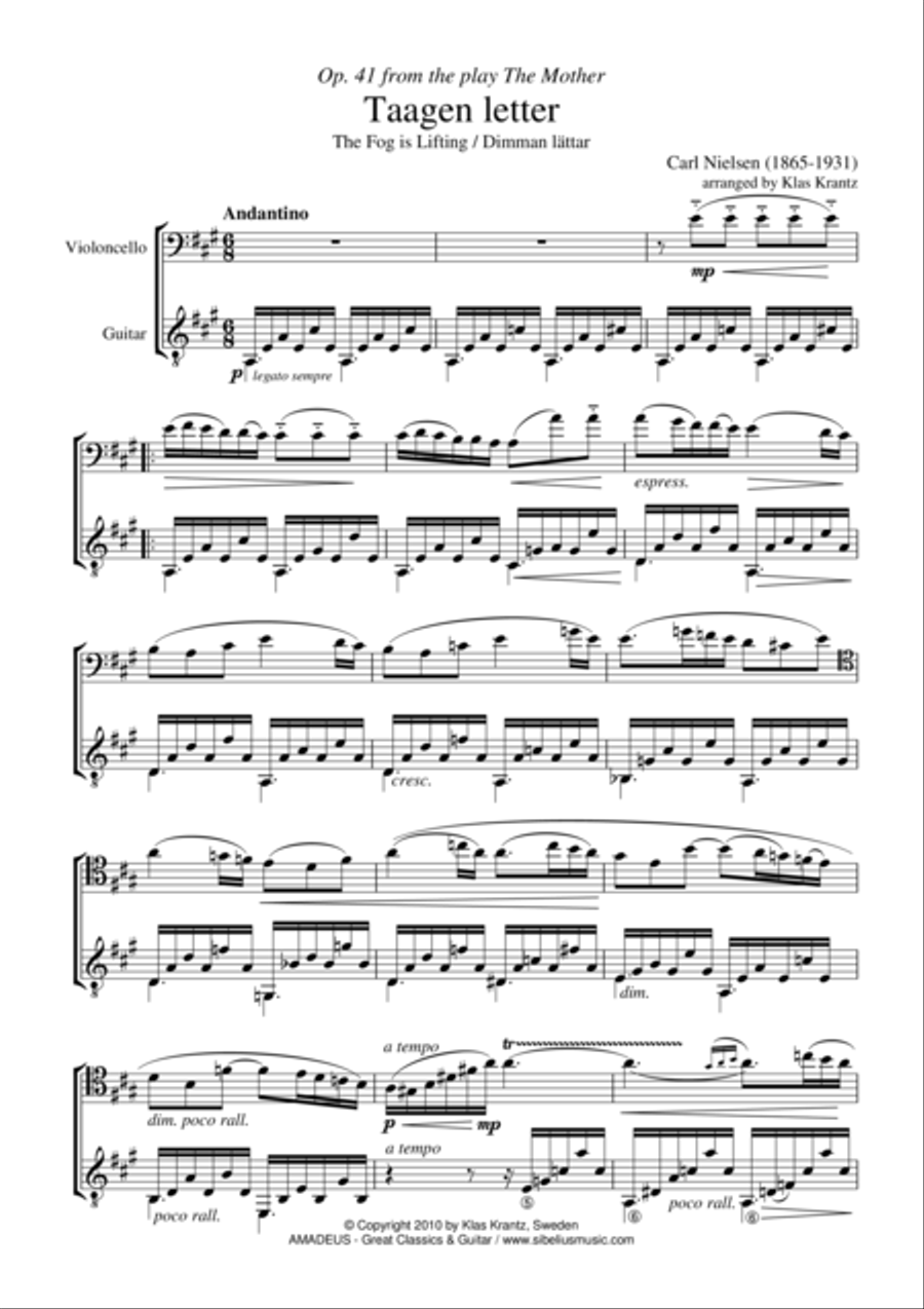 The Mist is Rising / Taagen letter Op. 41 for cello and guitar String Duet scores gallery preview page 1