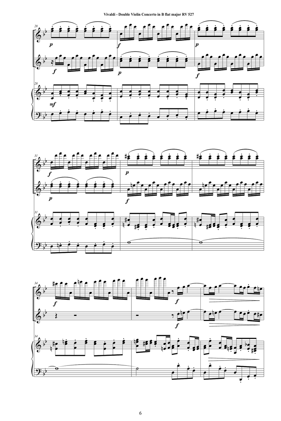 Vivaldi - Double Violin Concerto in B flat major RV 527 for Two Violins and Piano - Score-Parts String Duet scores gallery preview page 6